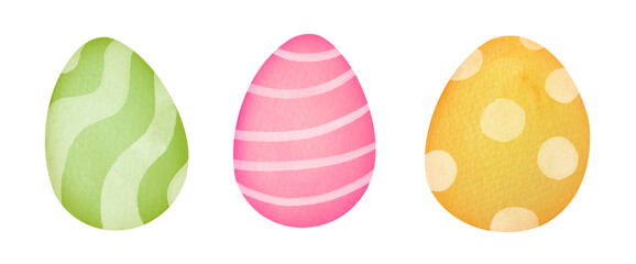 cute collection of three colorful Easter eggs isolated on transparent background. set of watercolor pink, green, yellow Paschal eggs is symbol of Easter. Clipart and cut out elements