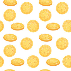 gold coins with the image of clover are symbol of good luck and wealth. Watercolor seamless pattern background for the Irish holiday of St. Patrick's Day on March 17