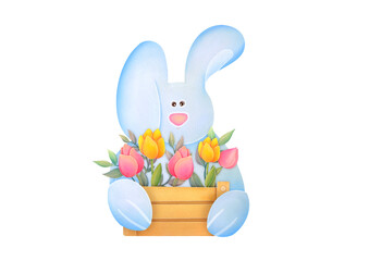 Cute Easter bunny with basket of flowers, Easter colored eggs. children s watercolor illustration on transparent background. Happy Easter Greeting card with spring flowers, funny bunny