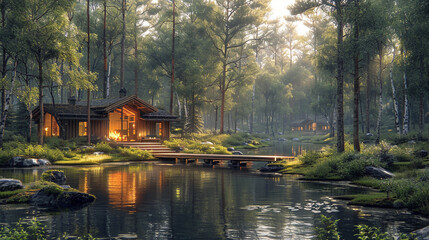 Fototapeta premium A thought-provoking image of a psychology retreat set in a serene forest, where participants engage in mindful activities surrounded by tall trees and tranquil nature, fostering in