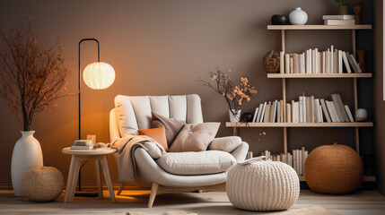 A cozy reading nook features a plush armchair, a floor lamp, and a bookshelf filled with literary treasures. Neutral tones and warm lighting create a tranquil ambiance.