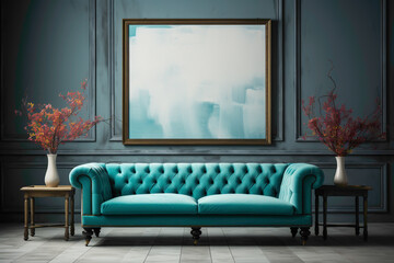Imagine a serene setting featuring a blue sofa and a suitable table, framed by an empty blank frame, providing a canvas for your text to shine.