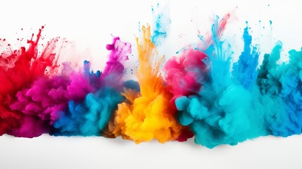 A white background is the backdrop for an explosion of colored powder. - obrazy, fototapety, plakaty