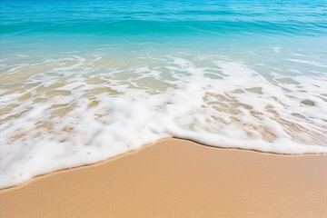 Fototapeta na wymiar Soothing Beach Scene. Close-Up of Soft Ocean Wave on Sandy Shore, Natures Serene Beauty