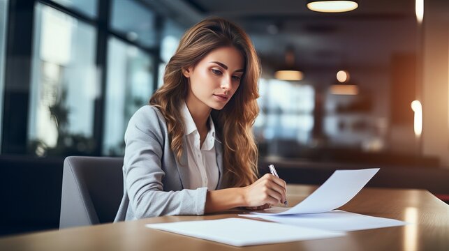 A young woman who is curious is sitting at a table and writing down a document in the office.
