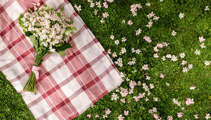 Top down overhead view of a bouquet of white flowers and a picnic blanket on a grassy lawn during the spring