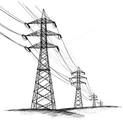 Power lines and electricity pylons isolated on white background, sketch, png
