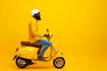 Schilderijen op glas Full size body size profile of side of nice cheerful chic man on scooter having fun, isolated on bright yellow color background © v.senkiv