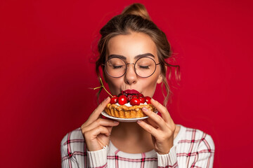A young woman is happily holding a homemade cherry pie, a delicious bun, and licking her lips against a red background