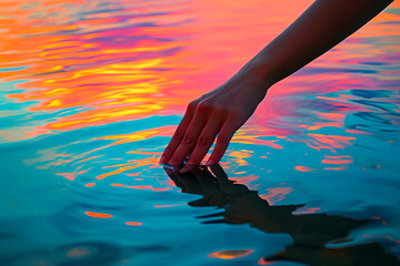 A woman's hand touches the calm water surface of an ocean lake, reflecting a beautiful colorful summer sunset
