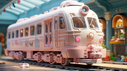A pink toy train on a railway in a colorful 3D cartoon world