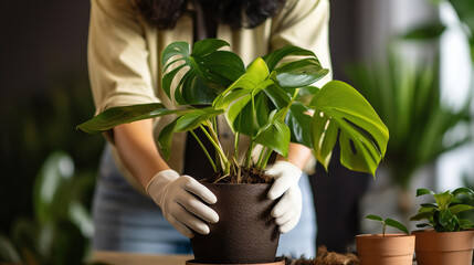 Transplant and care Monstera houseplant. Female hands in gloves close-up. Home gardening, greenery at home, love for plants, hobby concept. - 710945889