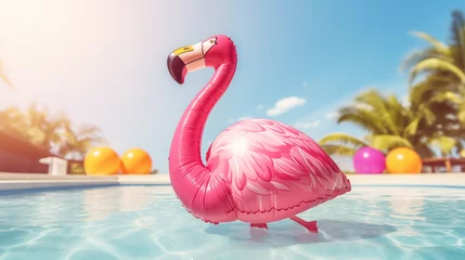 Zelfklevend Fotobehang Realistic flamingo inflatable balloon, summer flamingo background, pool party flamingo © PD