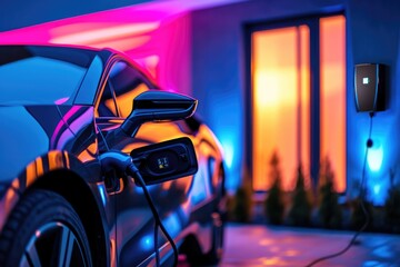 Electric car is being charged at night time from a wallbox, modern cottage - obrazy, fototapety, plakaty