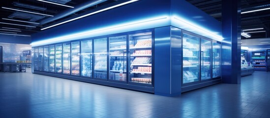 The refrigerator in ​​the supermarket blue light - obrazy, fototapety, plakaty
