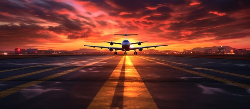 plane landing at the airport at sunset