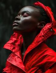 African woman with closed eyes wearing a vibrant red hooded jacket, exuding tranquility