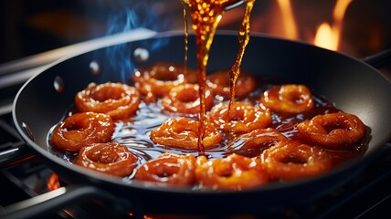 Sweet Jalebi A macro shot of a sizzling jalebi being lifted from a bubbling pot of syrup, capturing the syrupy swirls and golden crispness of this sweet treat -Generative Ai - obrazy, fototapety, plakaty