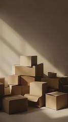 boxes in a pile on a white floor, in the style of minimalist,beige tones