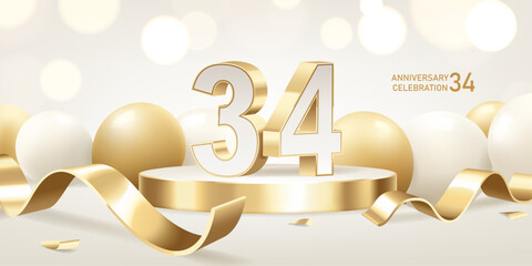 34th Anniversary celebration background. Golden 3D numbers on round podium with golden ribbons and balloons with bokeh lights in background.