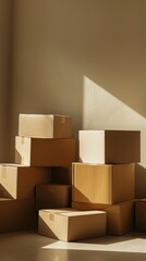 Fototapeta premium boxes in a pile on a white floor, in the style of minimalist,beige tones