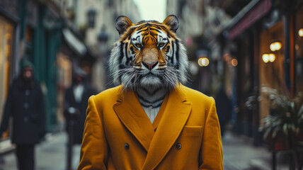 Majestic tiger prowls through city streets adorned in tailored sophistication, embodying street style. The realistic urban setting captures the feline grandeur fused with contemporary fashion allure i - obrazy, fototapety, plakaty