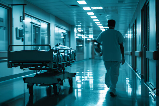 A male nurse walking beside a patient's bed in the brightly lit hospital hallway at night