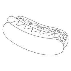Hot dog one continuous line drawing. Fast food symbol concept. Restaurant or cafe food menu design. Silhouette of bun with sausage. Digital single line sketch vector illustration.