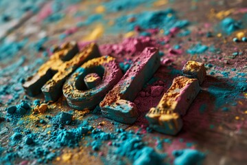 Colorful 'HOLI' lettering amidst powder splashes