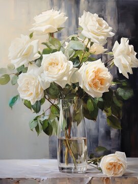 Still life of white roses in a glass vase