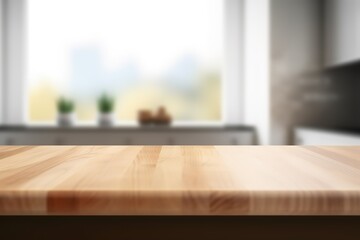Empty beautiful wood table top counter and blur bokeh modern kitchen interior background in clean and bright,Banner, Ready for product montage
