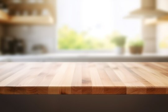 Empty beautiful wood table top counter and blur bokeh modern kitchen interior background in clean and bright,Banner, Ready for product montage
