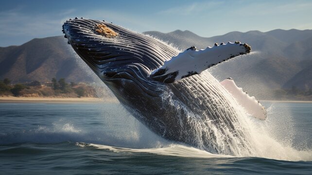 A majestic humpback whale breaching the ocean's surface, surrounded by misty ocean spray -Generative Ai