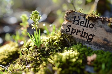 'Hello Spring' sign with budding greenery in a sunlit forest setting