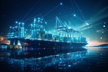 Fototapeta premium Logistic Network. Container Ship and Trucks for Efficient and Global Freight Distribution