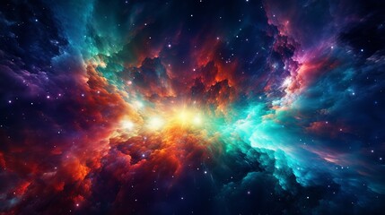 The vivid, multicolored galaxy in this abstract illustration is illuminated by an exploding supernova - obrazy, fototapety, plakaty
