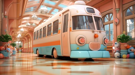 A cartoon bus drives through a colorful hallway