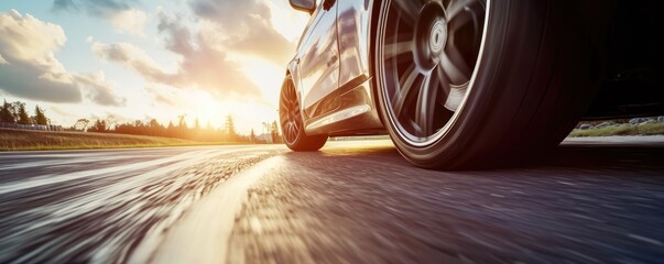 Modern car driving fast on an asphalt road, sunny day