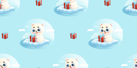 Seamless pattern with cute little white polar bear with gift on ice floe on light blue background. Vector illustration in cartoon style. Kids collection. Holiday Polar Bear Day.