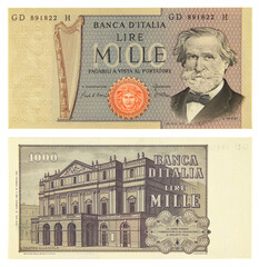 Bank of Italy, old italian banknote of 1000 lire with Giuseppe Verdi portrait, 1981, numismatic...