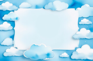 Cute blue background with watercolor clouds and frame with empty copy space, baby boy backdrop