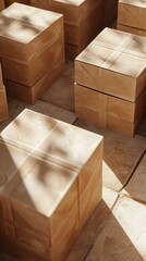 boxes in a pile on a white floor, in the style of minimalist,beige tones