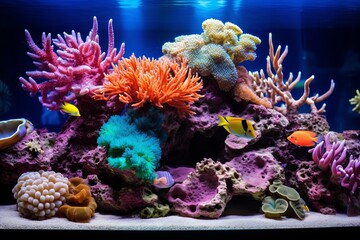 Naklejka na ściany i meble Within the luxurious confines of a coral aquarium, a myriad of colorful and diverse corals captivates the eye