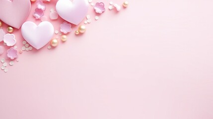 pink pastel valentines day background with copy space and wedding golden rings