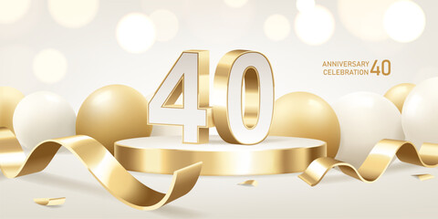 40th Anniversary celebration background. Golden 3D numbers on round podium with golden ribbons and balloons with bokeh lights in background.
