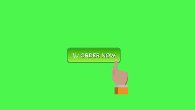 2D Animation of Hand Pressing ORDER NOW Button and change color from red to green Isolated On Green screen Background. 2d animation can be used commercial. Royalty free.