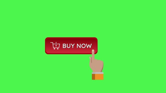2D Animation of Hand Pressing BUY NOW Button and change color from red to green Isolated On Green screen Background. 2d animation can be used commercial. Royality free.