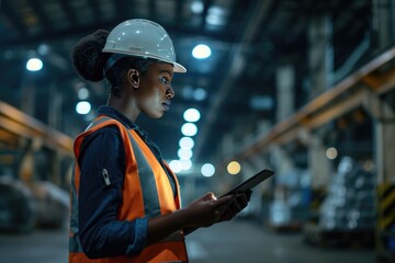 A female dark skinned worker wearing dark blue working clothes at a warehouse