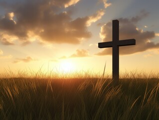 Easter Christian cross on a field against the backdrop of sunset. concept Easter, religion, Christ, faith, holiday straight view