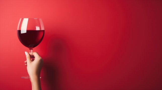 hand holding a glass of red wine on a red background with space for text. concept: wine, alcohol, poster